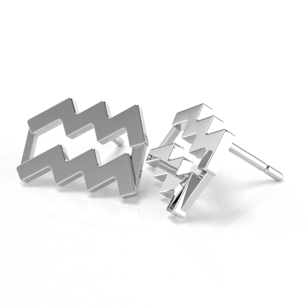 Aquarius Zodiac Sign Stud Earrings In Solid 10K White Gold