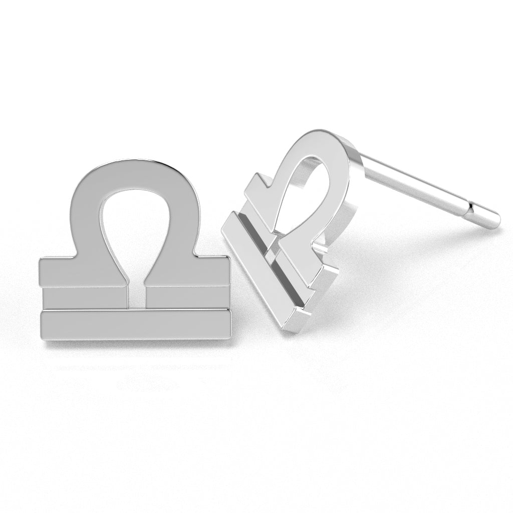 Libra Zodiac Sign Stud Earrings In Solid 14K White Gold