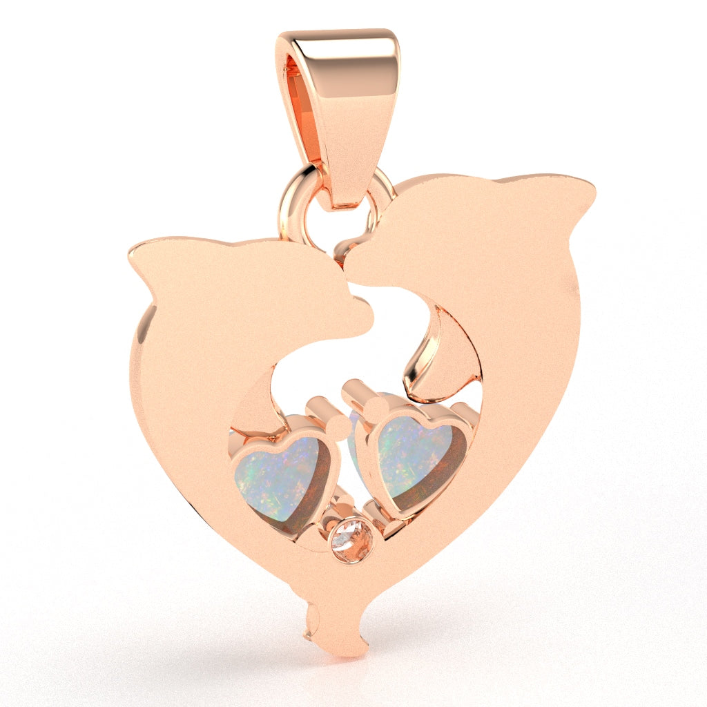 Opal Diamond Dolphin 2 Heart Birthstone  Pendant in 14k Rose Gold