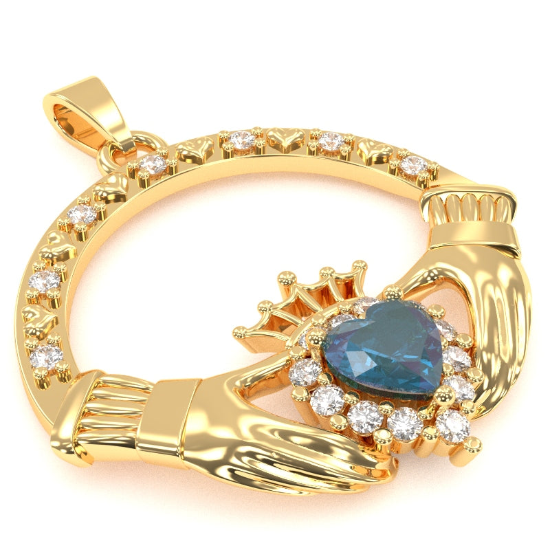 Lab-Created Alexandrite Diamond Claddagh  Pendant in 14k Yellow Gold