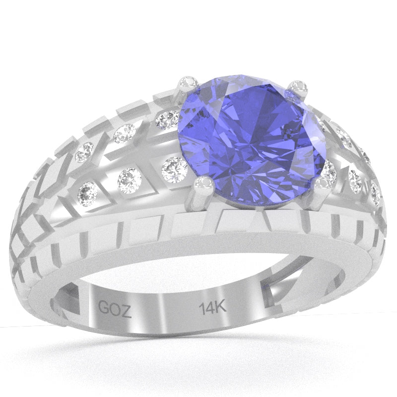 Men's Tire Tread Tanzanite Diamond Ring In Solid 14k White Gold