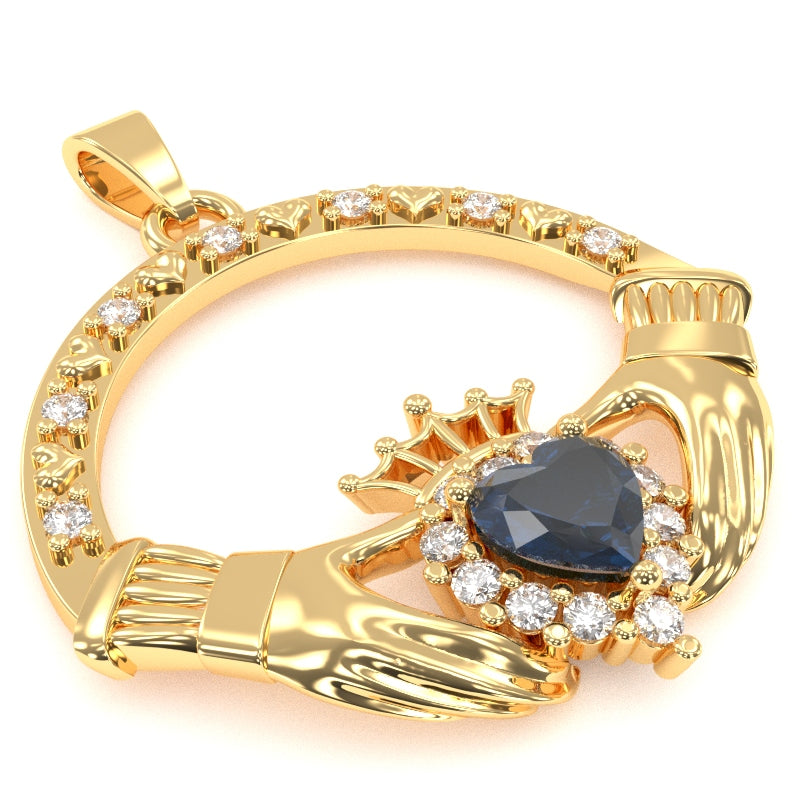 Lab-Created Sapphire Diamond Claddagh  Pendant in 14k Yellow Gold