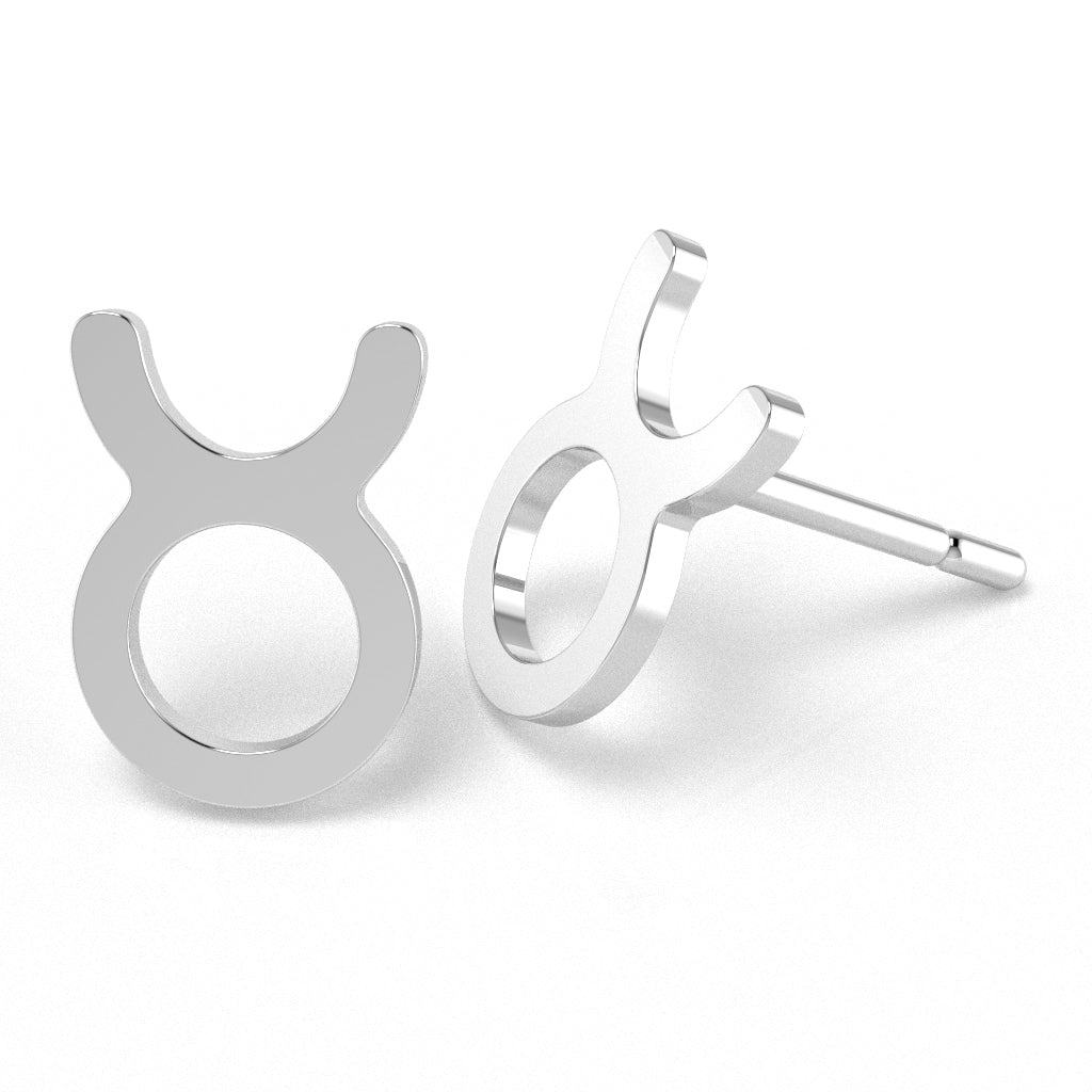 Taurus Zodiac Sign Stud Earrings In Solid 10K White Gold