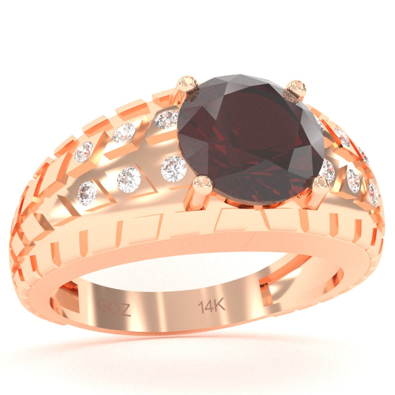Men's Tire Tread Garnet Diamond Ring In Solid 14k Rose Gold