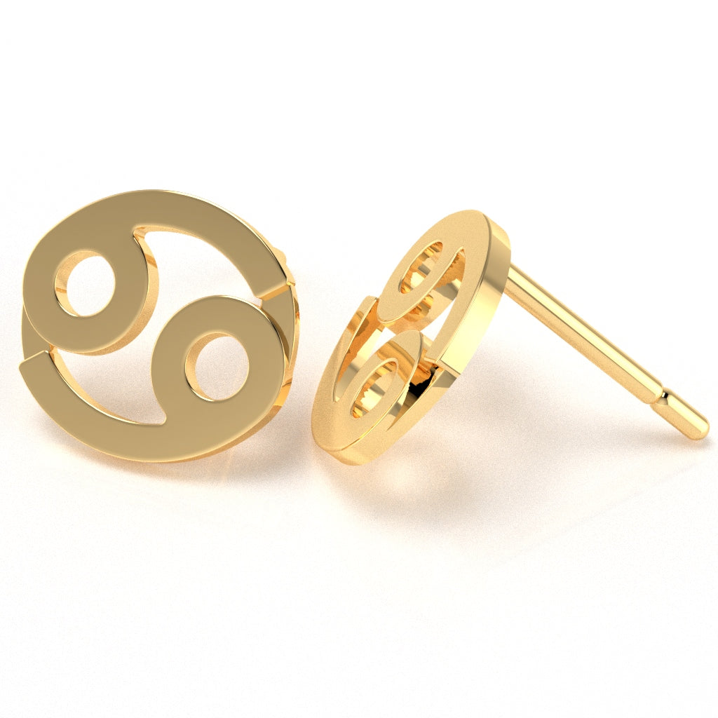 Cancer Zodiac Sign Stud Earrings In Solid 14K Yellow Gold