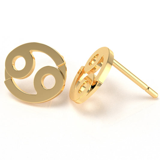 Cancer Zodiac Sign Stud Earrings In Solid 14K Yellow Gold