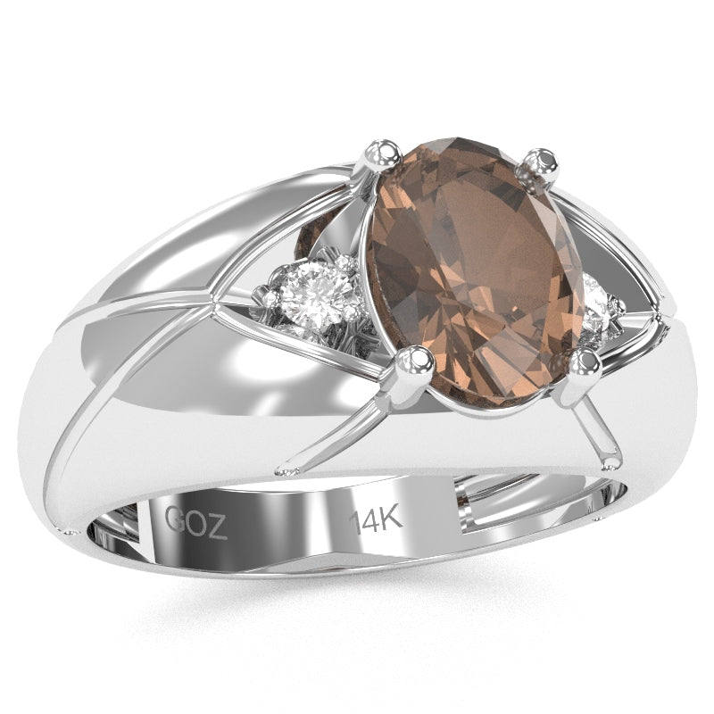 Men's Designer Smoky Quartz Diamond Ring In Solid 14k White Gold