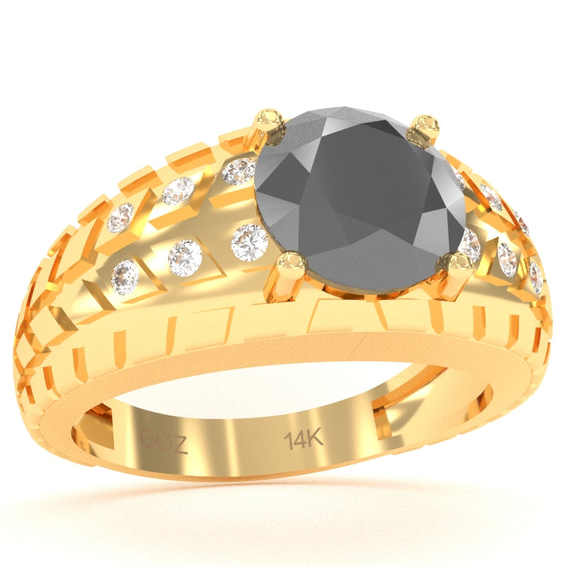 Men's Tire Tread Black Onyx Diamond Ring In Solid 14k Yellow Gold