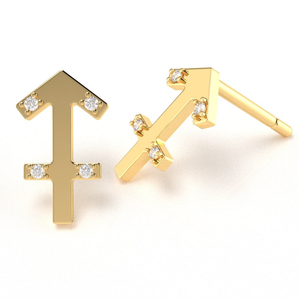 Sagittarius Zodiac Sign Diamond Stud Earrings In Solid 14k Yellow Gold