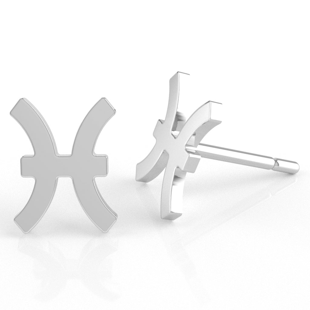 Pisces Zodiac Sign Stud Earrings In Solid 10K White Gold