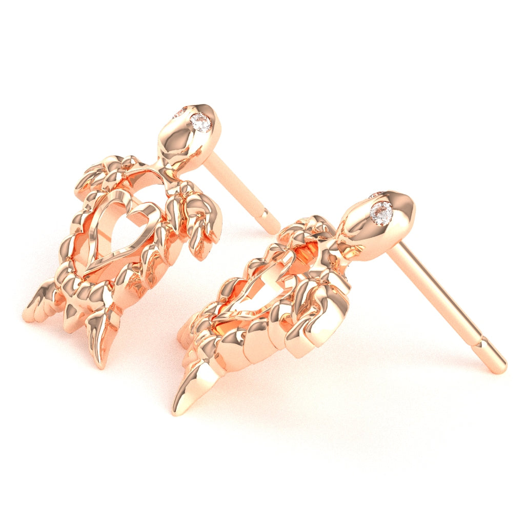 Diamond Baby Sea Turtle Stud Earrings in 10k Rose Gold