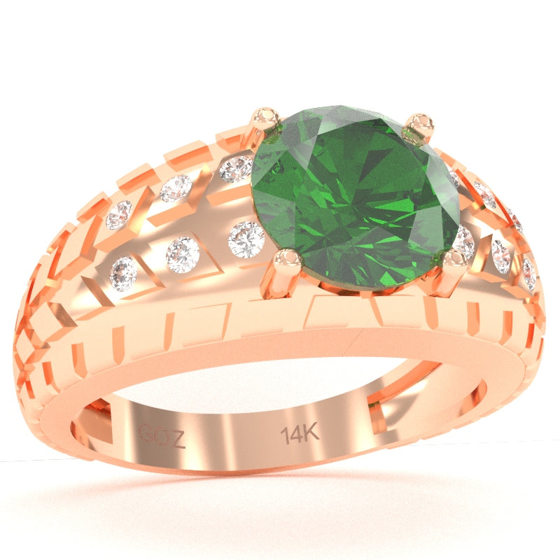 Men's Tire Tread Lab-Created Emerald Diamond Ring In Solid 14k Rose Gold