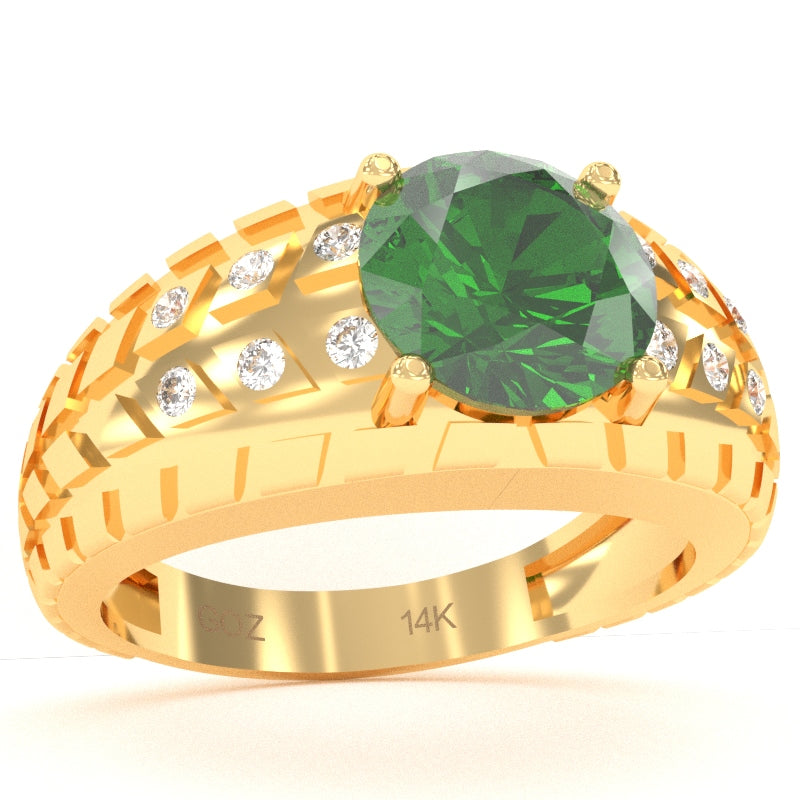 Men's Tire Tread Lab-Created Emerald Diamond Ring In Solid 14k Yellow Gold