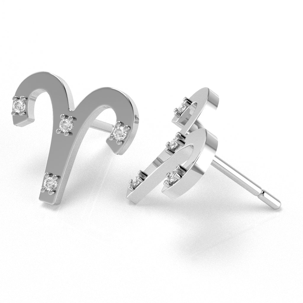 Aries Zodiac Sign Diamond Stud Earrings In Solid 14k White Gold