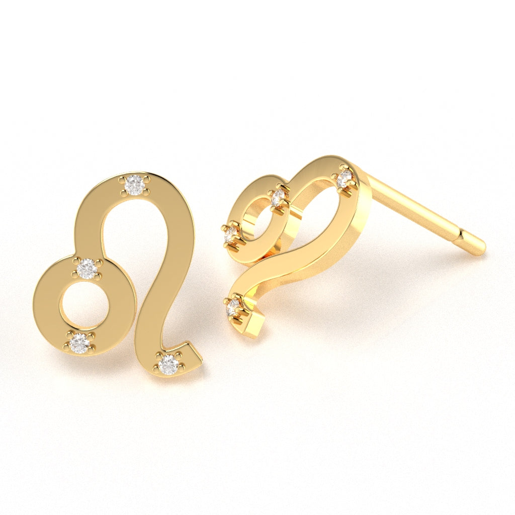 Leo Zodiac Sign Diamond Stud Earrings In Solid 14k Yellow Gold
