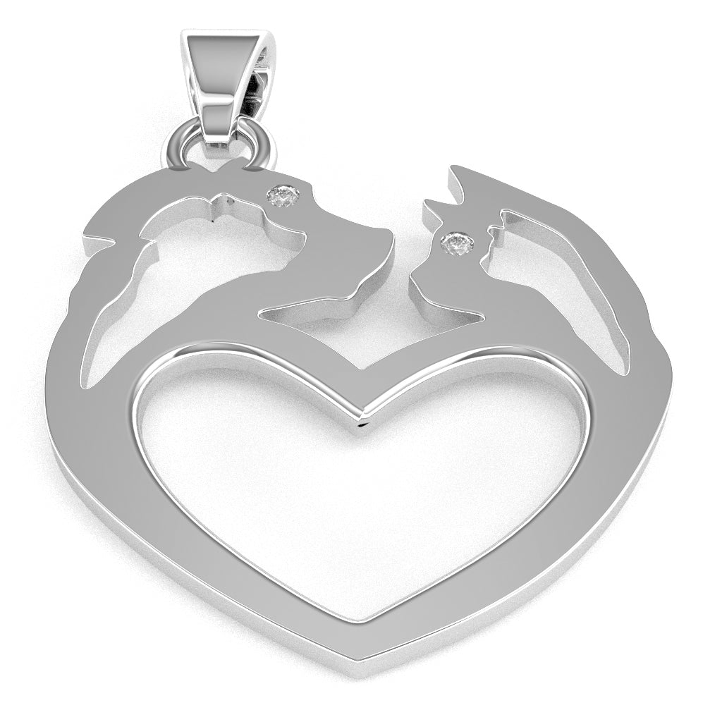 Dog And Cat  Diamond-Heart Pendant In Solid 14k White Gold