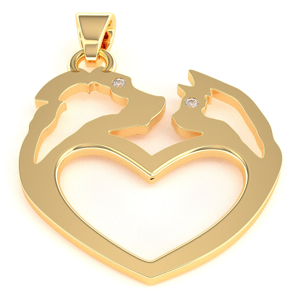 Dog And Cat  Diamond-Heart Pendant In Solid 14k Yellow Gold