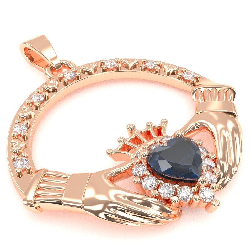 Lab-Created Sapphire Diamond Claddagh  Pendant in 14k Rose Gold