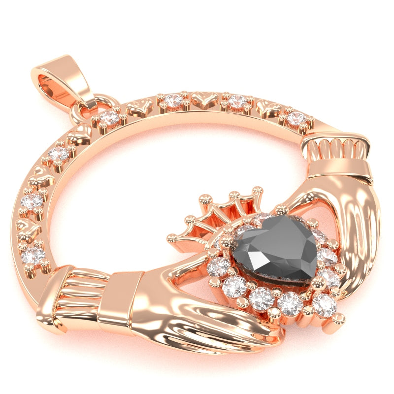 Black Onyx Diamond Claddagh  Pendant in 14k Rose Gold