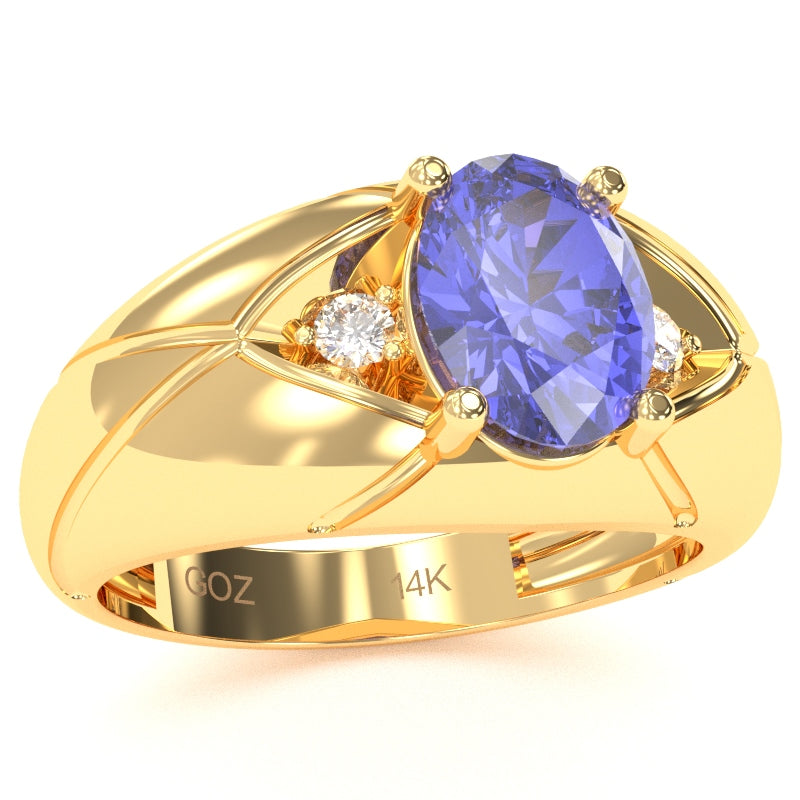 Men's Designer Tanzanite Diamond Ring In Solid 14k Yellow Gold