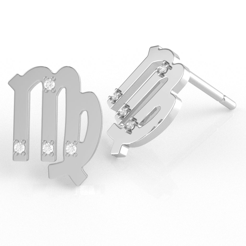 Virgo Zodiac Sign Diamond Stud Earrings In Solid 10K White Gold