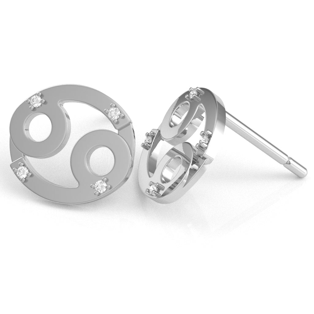 Cancer Zodiac Sign Diamond Stud Earrings In Solid 14k White Gold