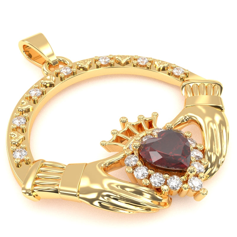 Lab-Created Ruby Diamond Claddagh  Pendant in 14k Yellow Gold