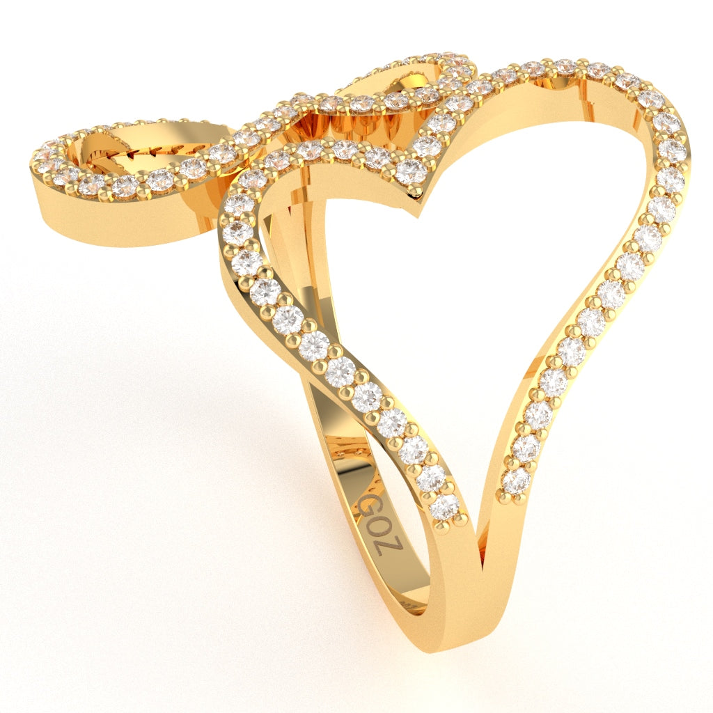 2 Hearts Designer Diamond Cocktail Ring In 14k Yellow Gold