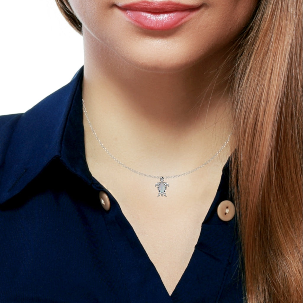 Opal Diamond  Sea Turtle Pendant In 10k White Gold