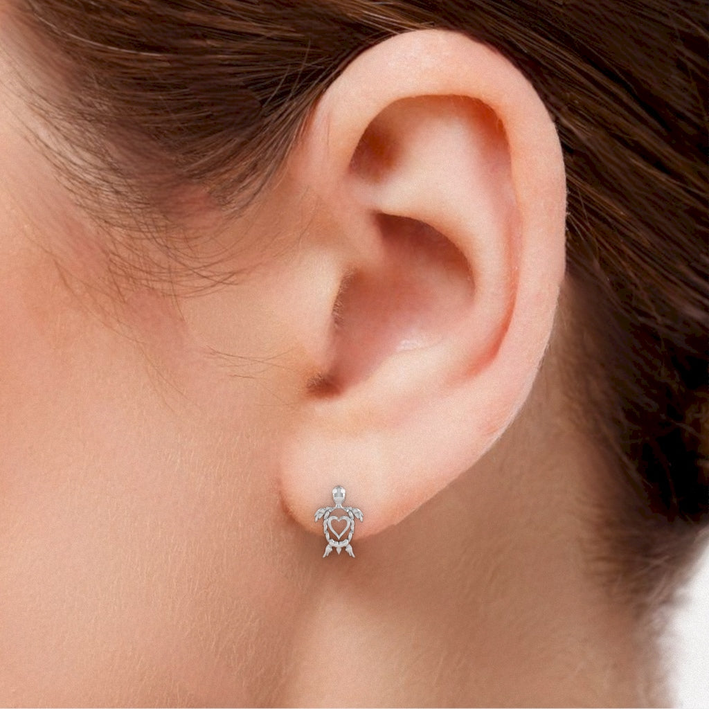 Diamond Baby Sea Turtle Stud Earrings in 14k White Gold