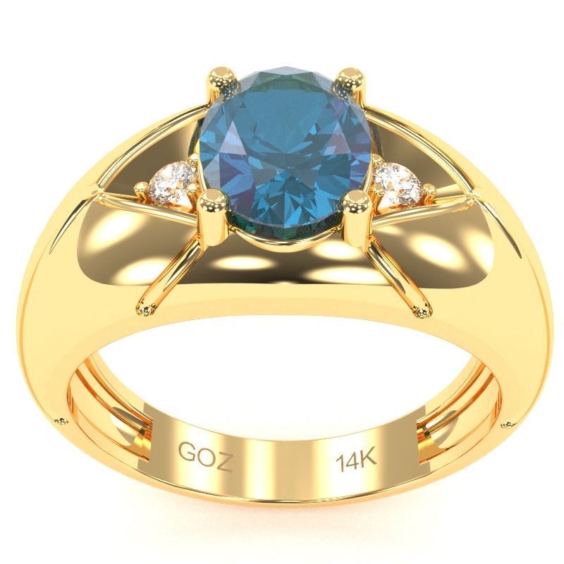 Men's Designer Lab-Created Alexandrite Diamond Ring In Solid 14k Yellow Gold