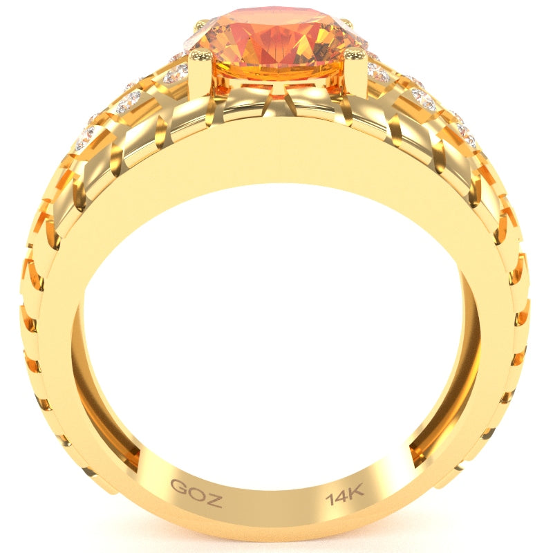 Men's Tire Tread Citrine Diamond Ring In Solid 14k Yellow Gold