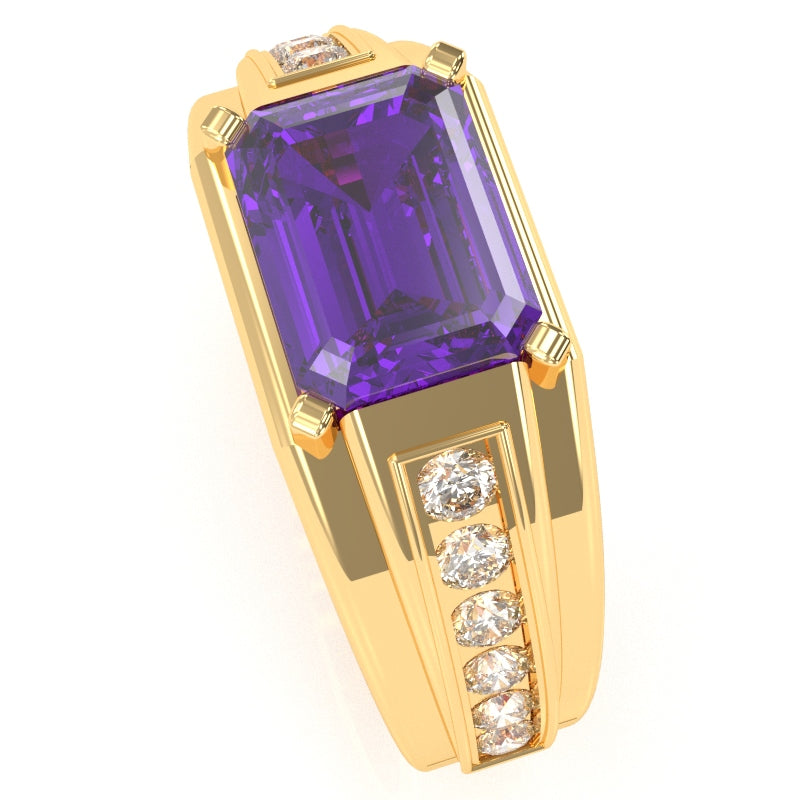 Men's Amethyst Diamond Channel Ring In Solid 10k Yellow Gold