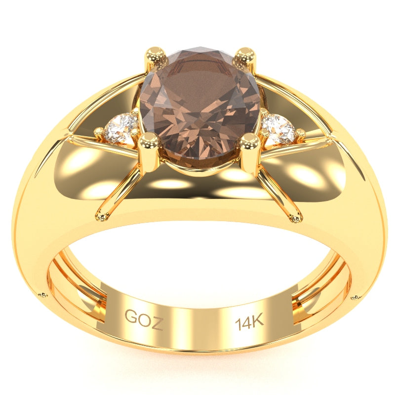 Men's Designer Smoky Quartz Diamond Ring In Solid 14k Yellow Gold