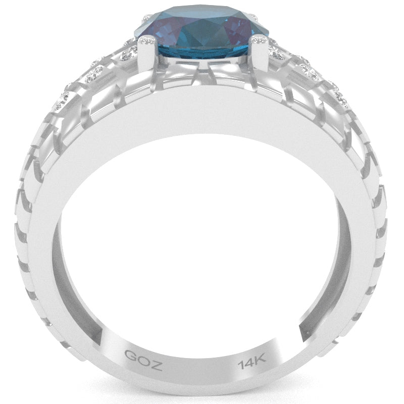 Men's Tire Tread Lab-Created Alexandrite Diamond Ring In Solid 14k White Gold