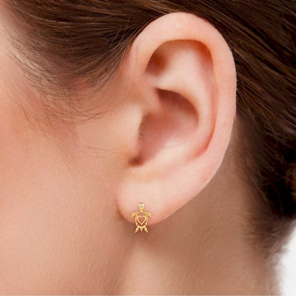 Diamond Baby Sea Turtle Stud Earrings in 10k Yellow Gold
