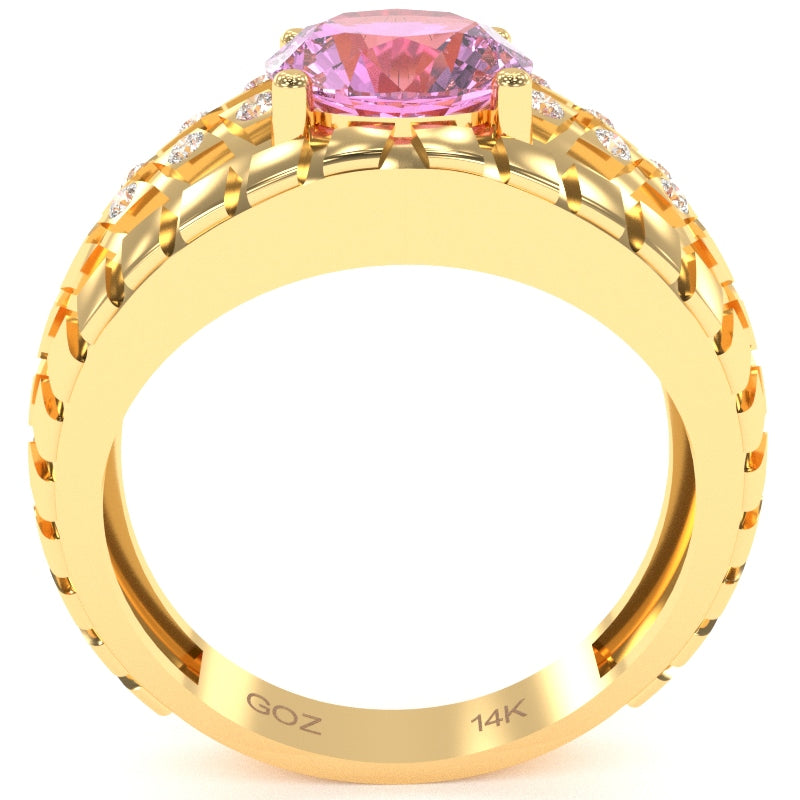 Men's Tire Tread Lab-Created Pink Sapphire Diamond Ring In Solid 14k Yellow Gold