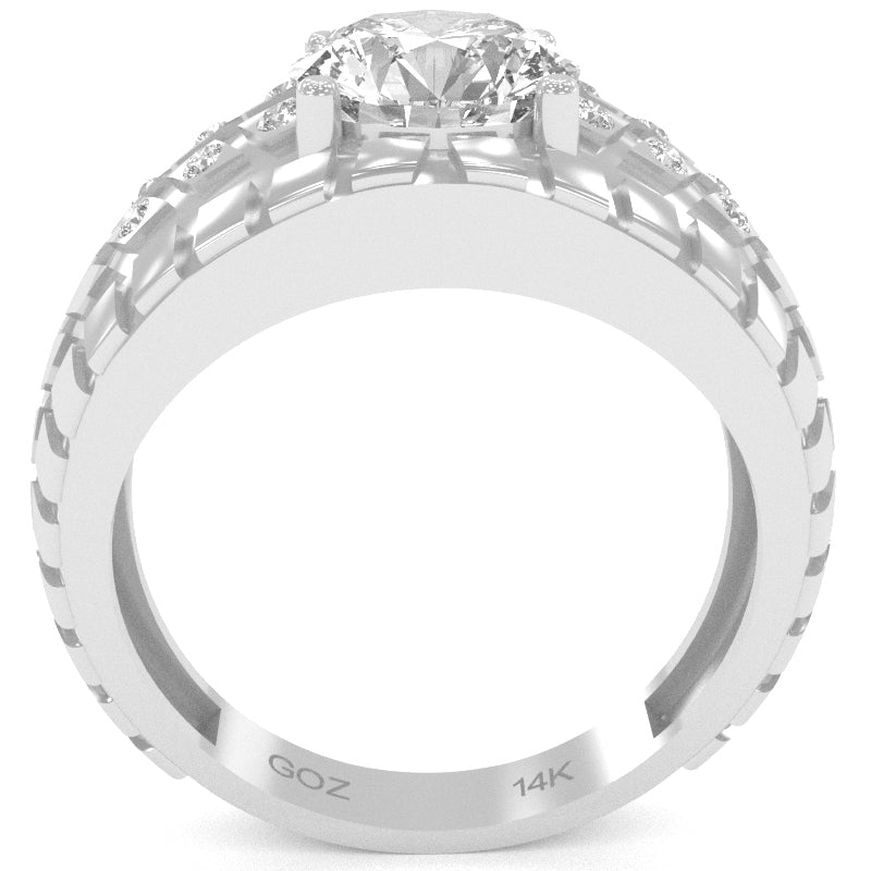 Men's Tire Tread White Topaz Diamond   Ring In Solid 14k White Gold