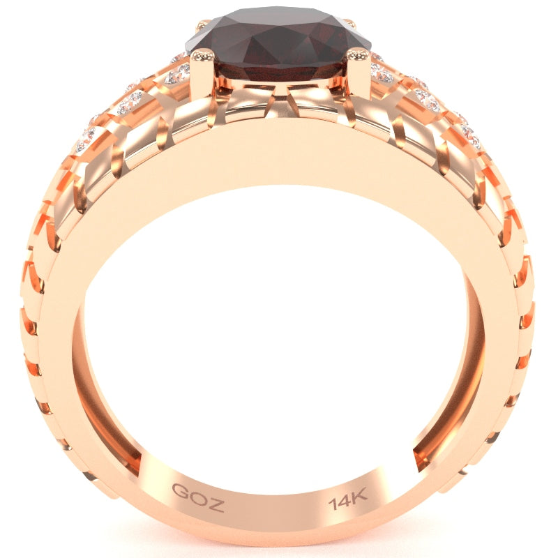 Men's Tire Tread Garnet Diamond Ring In Solid 14k Rose Gold