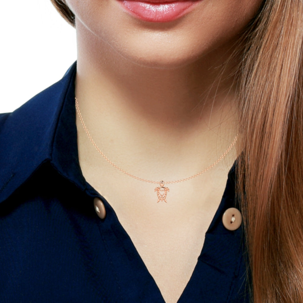 Sea Turtle Love Heart  Diamond Pendant In Solid 10k Rose Gold
