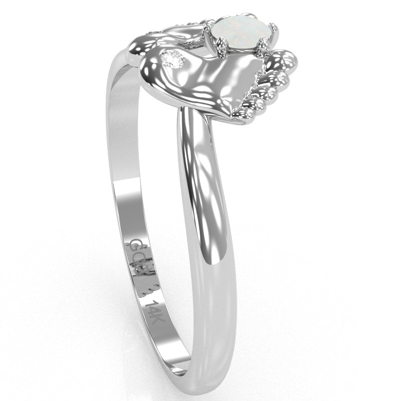 Baby Feet Opal Diamond Ring In 14k White Gold