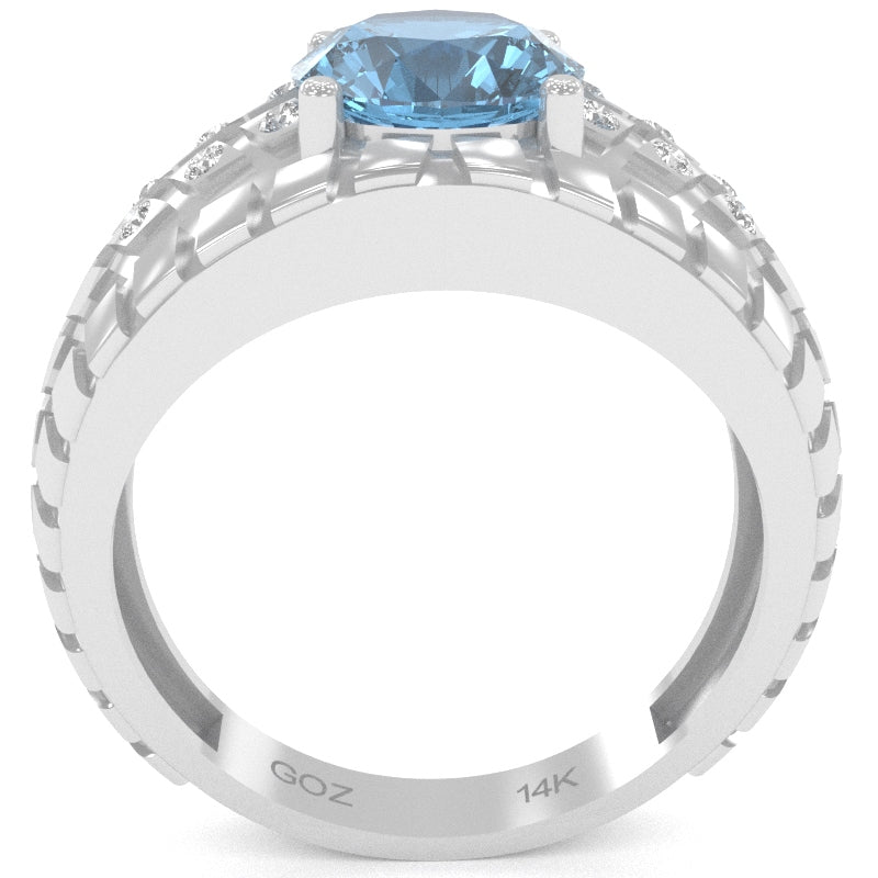 Men's Tire Tread Blue Topaz Diamond Ring In Solid 14k White Gold