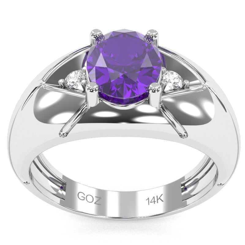 Men's Designer Amethyst Diamond Ring In Solid 14k White Gold