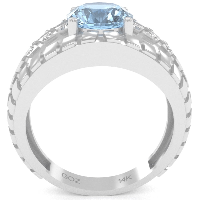 Men's Tire Tread Aquamarine Diamond Ring In Solid 14k White Gold