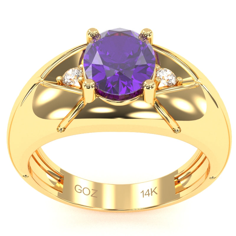 Men's Designer Amethyst Diamond Ring In Solid 14k Yellow Gold