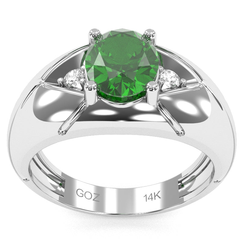Men's Designer Lab-Created Emerald Diamond Ring In Solid 14k White Gold