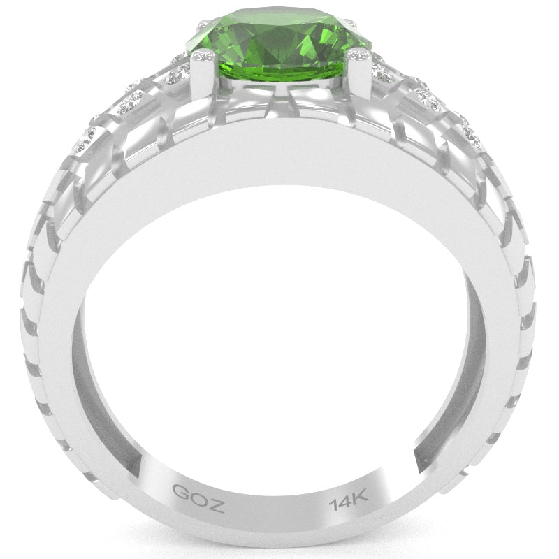 Men's Tire Tread Peridot Diamond Ring In Solid 14k White Gold