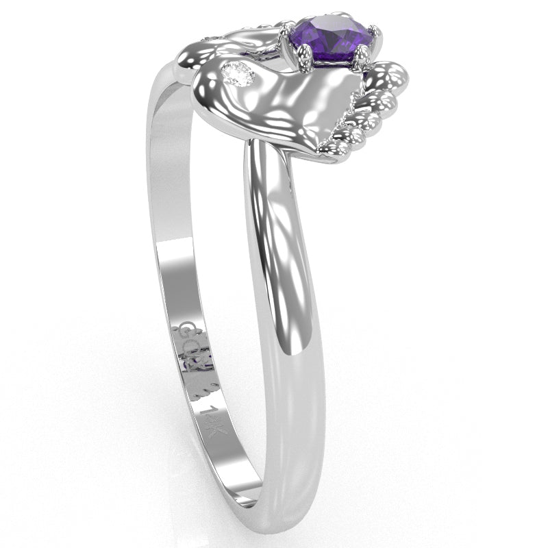 Baby Feet Amethyst Diamond Ring In 14k White Gold