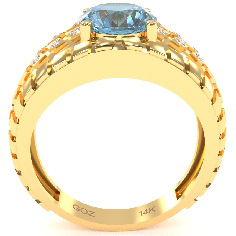Men's Tire Tread Blue Topaz Diamond Ring In Solid 14k Yellow Gold