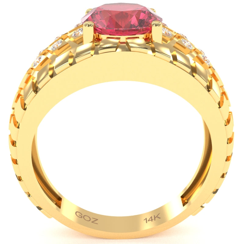 Men's Tire Tread Pink Tourmaline Diamond Ring In Solid 14k Yellow Gold